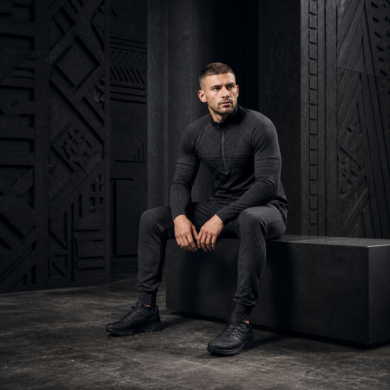 Male model seated in graphite apparel within the carved graphite chamber