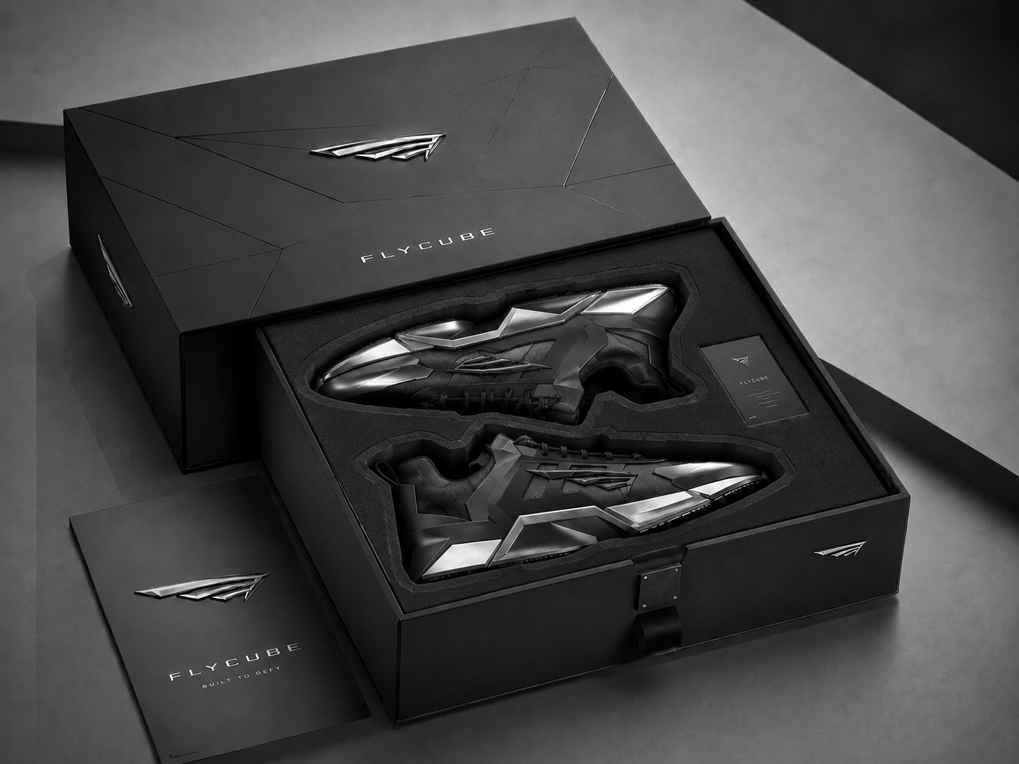 Open FLYCUBE presentation box containing black and silver sneakers, an edition booklet and a product card